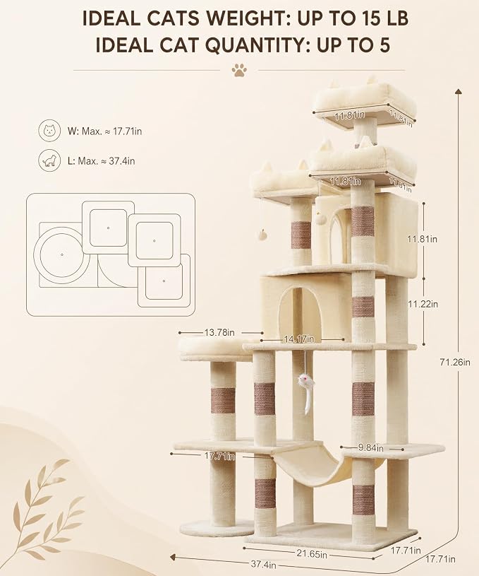 Cat Tower, 71 Inch Heavy Duty Cat Tree for Large Cats | Tall Multi-Level Cat Tree Tower with Extended Base, 2 Condos, 3 Perches, 9 Sisal Posts & Hammock for Indoor Adult Cats, Beige