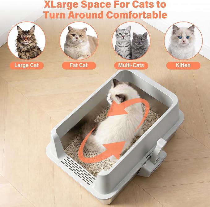 2PACK Stainless Steel Cat Litter Box with Lid, XL Metal Litter Box, Extra Large Litterbox for Big Cats, High Sided | Easy Cleaning | Odor-Free Includes Scoop and Mat