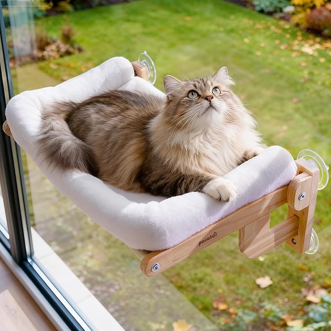 Pecute Foldable Cat Window Perch, Cloud-Soft Cat Bed with Wood Frame, 26" L | Solid Wood, Strong Suction Cup, Washable Cushion, Sided Bolster, Large Cat Hammock Indoor for Sunbathing, Bird Watching