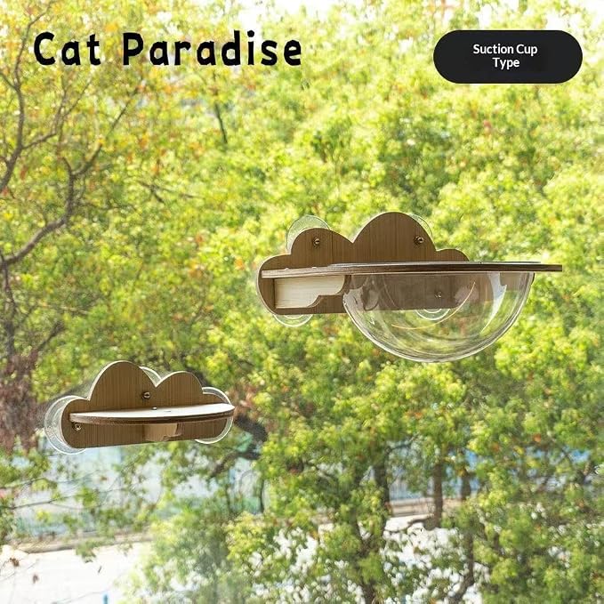 Cat Paradise Space Capsule Window Cat Bed, Suction Cup Mount, Clear Acrylic Bowl with Wood Shelf, 20kg Load Capacity