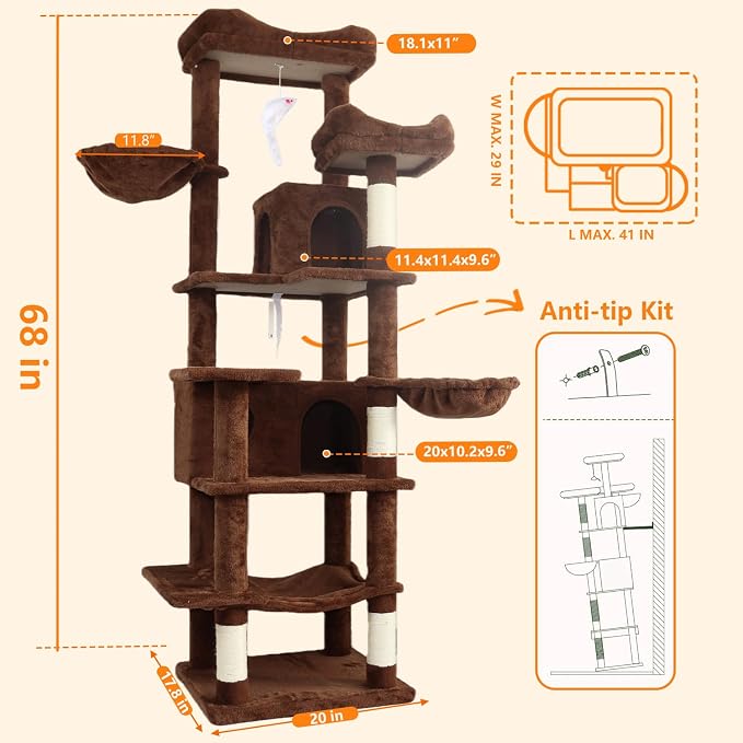 68 Inches Multi-Level Large and Tall Cat Tree Tower for Indoor Cats/Removable Pad/Cat Condo/Sisal Scratching Posts/Hammock/Cat Activity Center/Wide Base