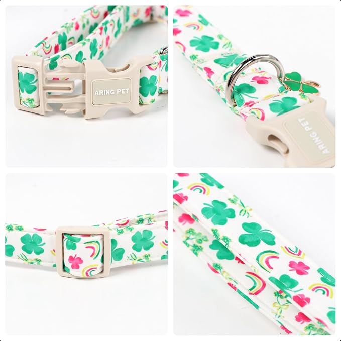 ARING PET St Patrick's Day Dog Collar, Cute White Green Clover Shamrock Rainbow Pink Floral Puppy Pet Collars for Small Medium Large Boy Girl Dogs-S