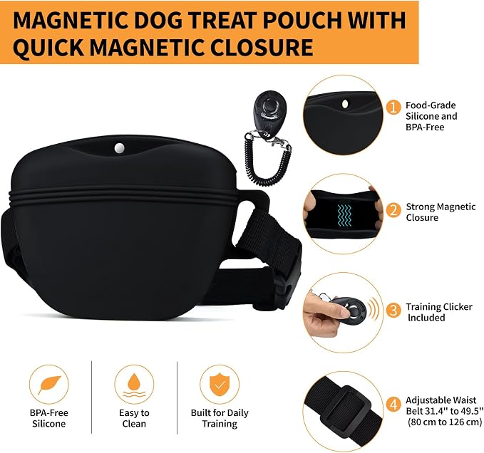Silicone Dog Treat Pouch with Training Clicker | Upgraded Magnetic Closure, 1.6 Cup Capacity, Food-Grade Silicone, Easy Cleaning, Adjustable Belt for Training and Walking
