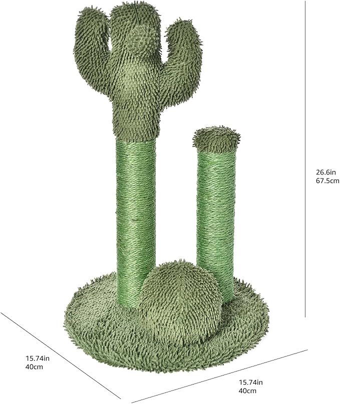 Amazon Basics Cat Scratching Post, Indoor Cactus Triple Posts for Cats & Kittens with Dangling Ball, Large, 27"H, Green