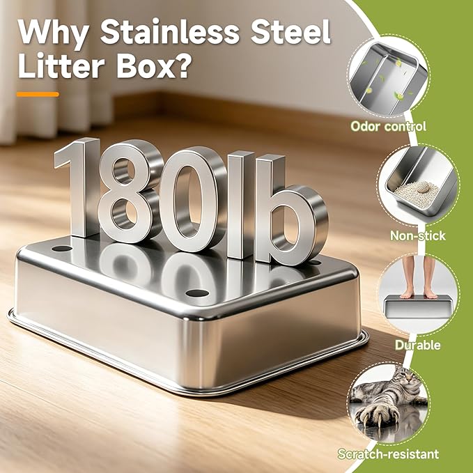 Stainless Steel Cat Litter Box with Lid, XL Extra Large High Sided Litter Box for Big Cats, Odor Free Open Top Litter Pan Easy Cleaning Anti-Urine Leakage Non-Stick, Includes Scoop, Light Grey