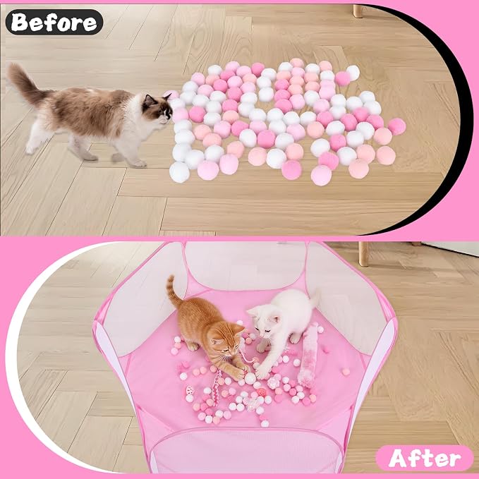 Foxtell Pink Cat Ball Pit Include 115 PCS Interactive Cat Toys for Indoor Bored Self Play Enrichment Toy for Indoor Cats Interactive Fun and Exercise