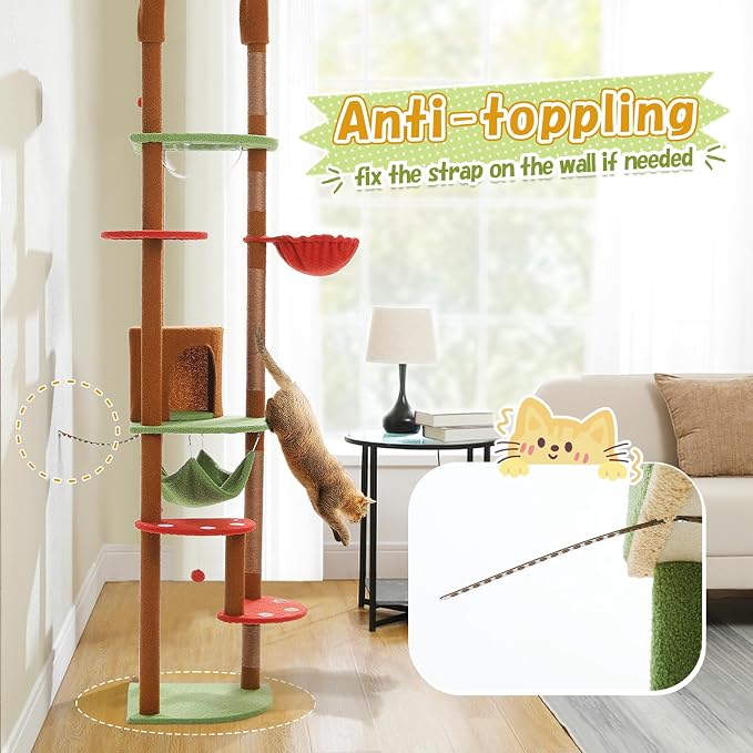 PEQULTI Floor to Ceiling Cat Tree, 92.9-101.6in Adjustable Cat Tower, Brown | Adjustable tower braces floor to ceiling; cozy condo, large hammock, perches & 9 sisal posts on fan base with anti-tip strap