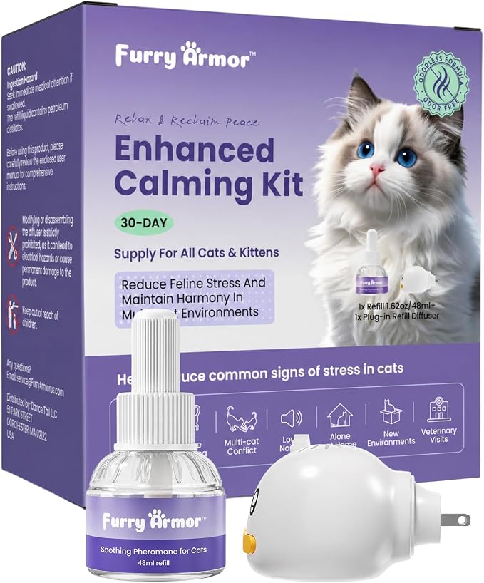 Calming Diffuser for Cats, Multi-Cat Starter Kit | 1 plug-in + 48ml refill, reduces scratching, meowing, hiding, urine marking, odorless, safe low-heat