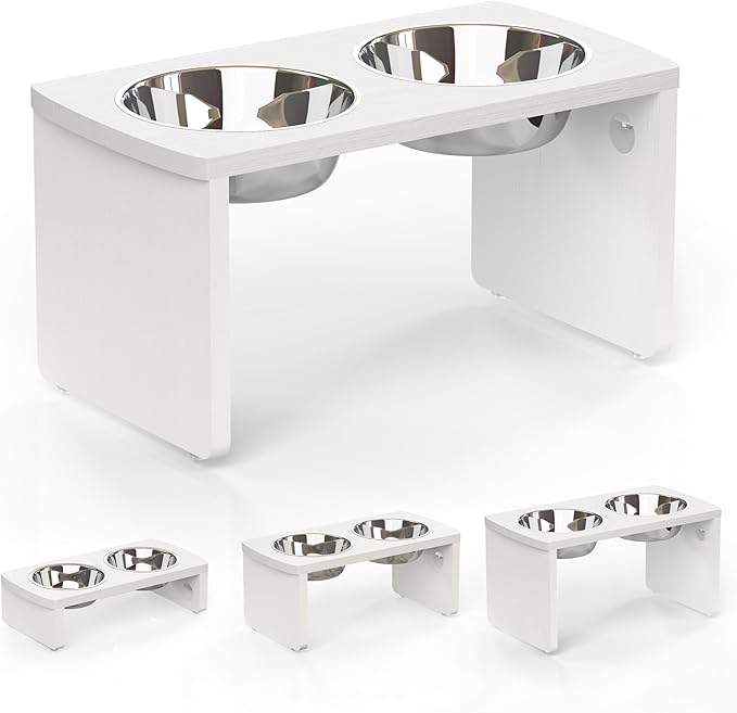 Elevated Dog Bowls, Waterproof Raised Dog Bowl for Medium & Large Dogs, HIPS Poly Lumber Stand with 2 Stainless Steel Bowls, Indoor & Outdoor Use (10'' Tall–48 oz Bowl, White)