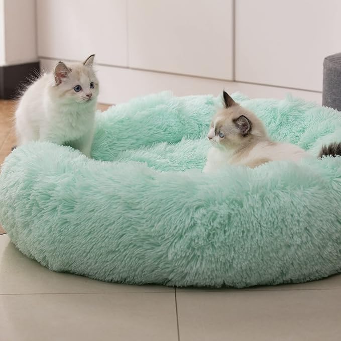 Anti Anxiety Round Fluffy Plush Faux Fur Warm Washable Dog Bed & Cat Bed, Original Bed for Small Medium Large Pets,Used to Relieve Joints and Improve Sleep（20"/24"/27''） (20", Light Green)