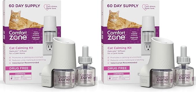 Comfort Zone 60 Day Starter Kit: 1 Cat Calming Diffuser & 2 Refills; Cat Pheromones Help Anxiety; Reduce Stress,Urine Marking,Scratching,(Pack of 2)