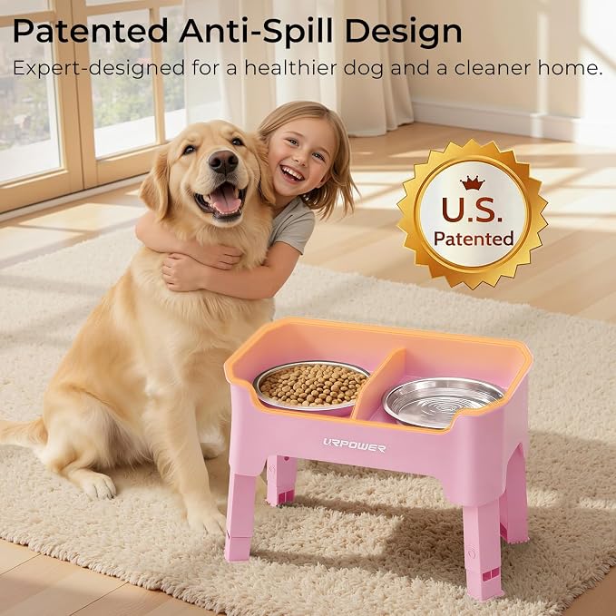 URPOWER Mess Proof Elevated Dog Bowls 4 Height Adjustable Raised Bowl Stand with 2 Stainless Steel Dog Bowls Non-Slip Food and Water Bowl Set for Small, Medium, Large Dogs, Pink
