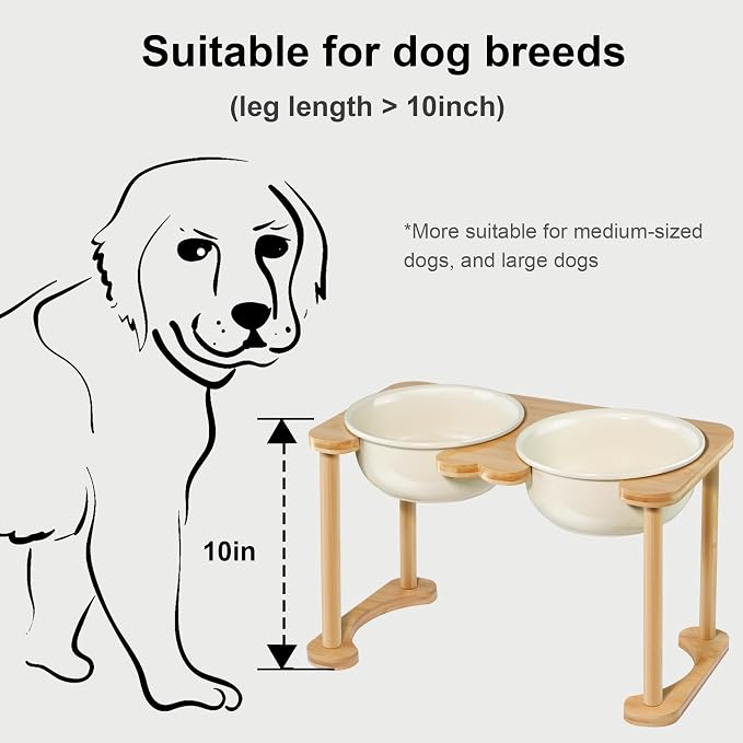 Elevated Dog Bowls for Large Dogs, Ceramic Food and Water Bowl Set, Beige | Raised Pet Feeding Dishes, 8.25" Wide Double Modern Porcelain Bowls, 11" High Wooden Stand, Non-Slip, Easy Clean, 56Oz/1600ML