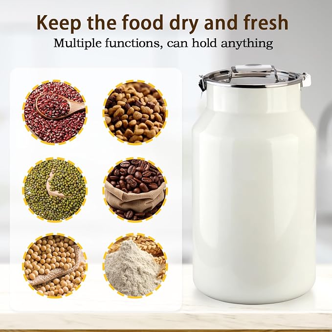 Dog-Cat Food Storage Container 40 lb, Large Stainless Steel Bin | 38 Qt 304 stainless steel bin holds up to 40 lb of dry pet food; silicone-sealed airtight lid; 1-cup wood-handled scoop.