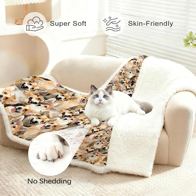 BlessLiving Corgi Plush Blanket Throw - Fuzzy Dogs Kids Girls Cute Puppy Fleece Reversible Animal Pattern Sherpa Throw (Twin, 60 x 80 Inches)