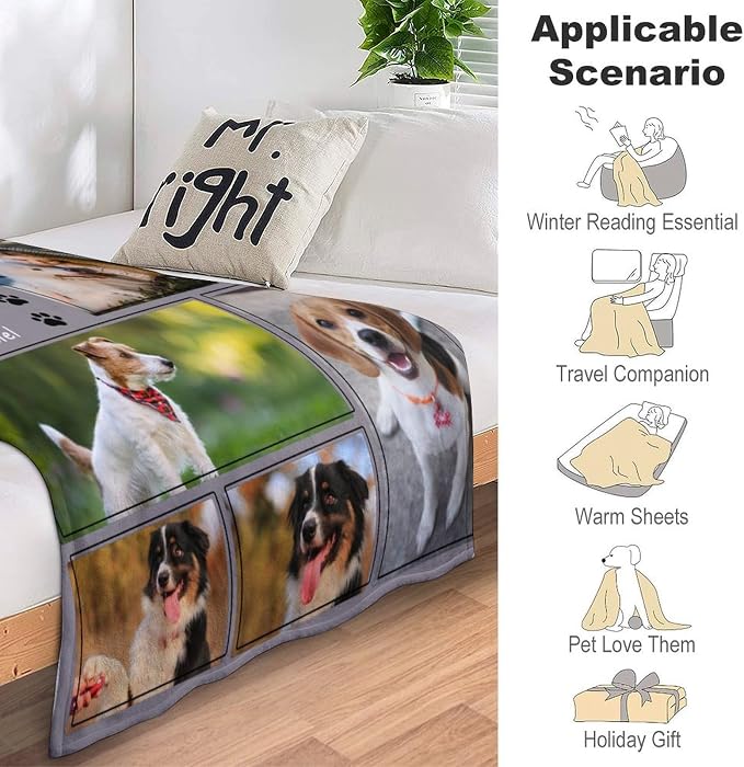 Artsadd Personalized Dog Blanket with Photos, Custom Dog Blanket with Pictures - Customized Pet Memorial Blanket, Fleece, Quilt, 50x60 inches, Casual, Pet Memorial Products, Blanket