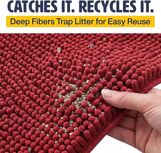 Muddy Mat® | Large Cat Litter Mat 36"x60", Litter Trapping Mat, Super Absorbent Scatter Control, Soft on Paws, Slip Resistant Washable Litter Mat, Traps Litter, Protects Floors, Red