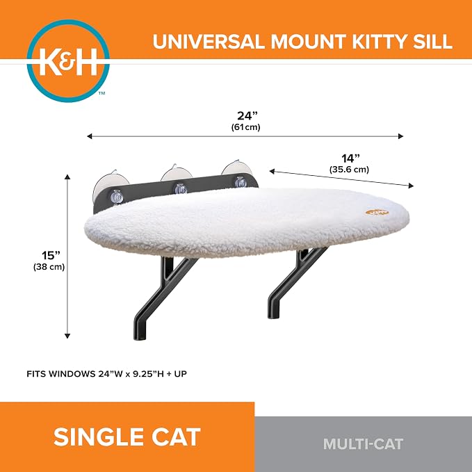 K&H Cat Window Perch, Universal Mount Bed for Large Cats - 24x14in Fleece | Orthopedic Cat Window Hammock Holds 60 lbs, Sturdy Suction Cups, Washable Cover, Indoor Window Bed