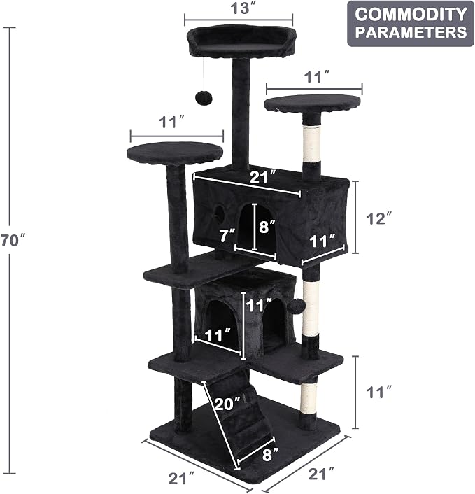 70'' Tall Multi-Level Cat Tree with Scratching Post, Platform, Condo, Tower and Funny Toy for Indoor Medium Cats