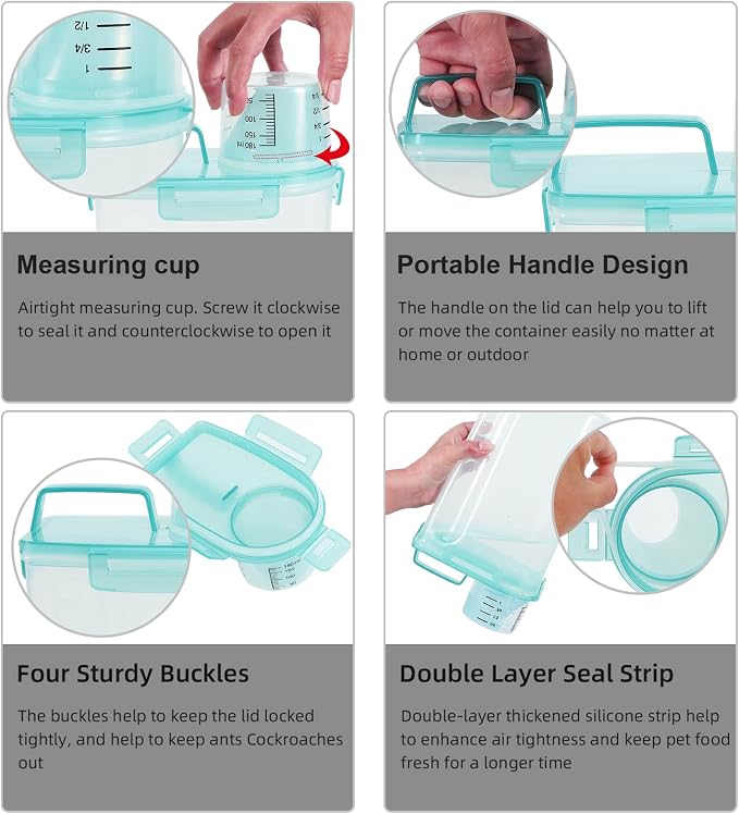 LEAWALK Airtight Small Cat Dog Pet Food Storage Containers BPA Free, with Large Pour Spout/1 Measuring Cup/ 4 Safety Locks and Double-layer Silicone Strip (Clear Blue x 2, 3L-2pack)