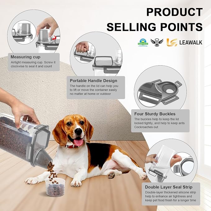 LEAWALK 3-5Lbs/3Qt Dog Cat Food Storage Container With Foldable Bowl. Plastic Pet Food Dispenser for Small Animal Kibble/Pet Food/Bird Seed/Oatmeal/Rice/Flour/Brown Sugart/Cereals (Clear Black)