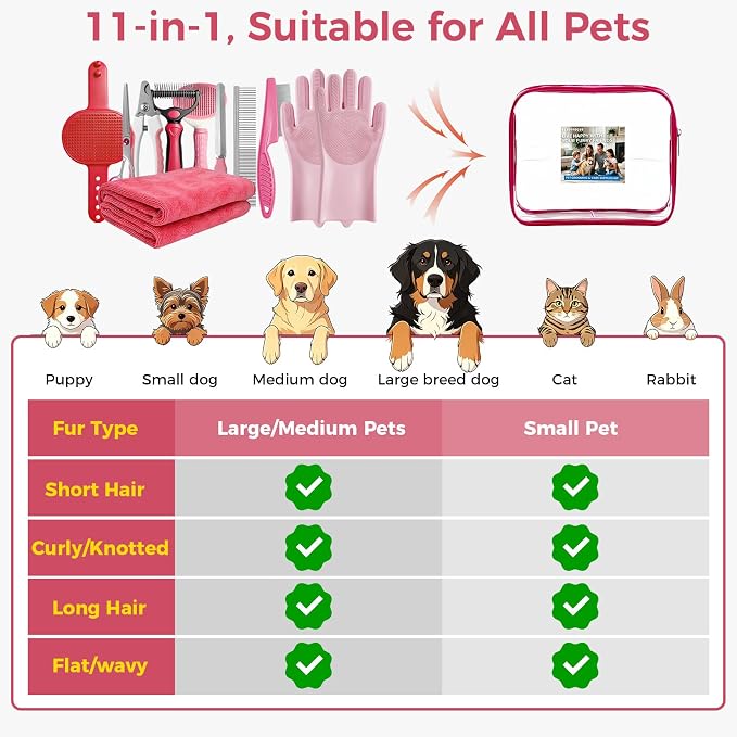 11 Piece Dog Grooming Kit - Hair, Nail, Massage Bath Supplies For Pets Cats | slicker dog brush for shedding，comb, undercoat rake, nail clipper tool, towel, scrubber gloves, scissors, all in one fur care