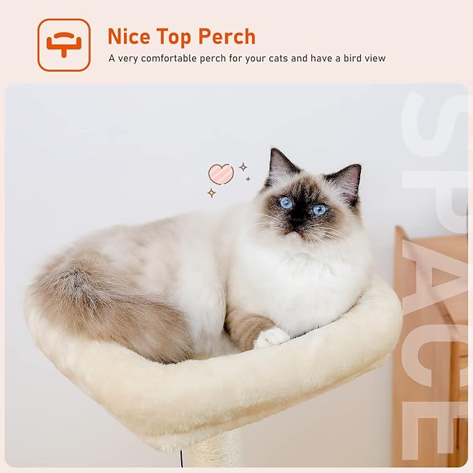 PEQULTI Cat Tree Modern Cat Tower for Indoor Cats,Multilevel Cat Play House with Large Condo, Spacious Hammock, Cozy Top Perch,Scratching Post and Dangling Balls