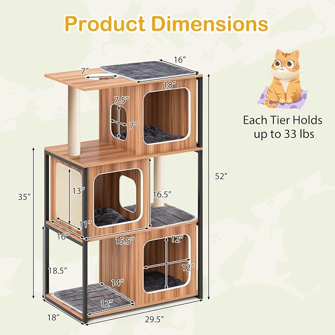 52-inch Wood Cat Tree for Indoor Cats, Multi-Level Solid Metal Framed Wooden Cat Tower with Sisal Scratching Posts and Pad, 3 Condos, and Top Platform with Cat Hole