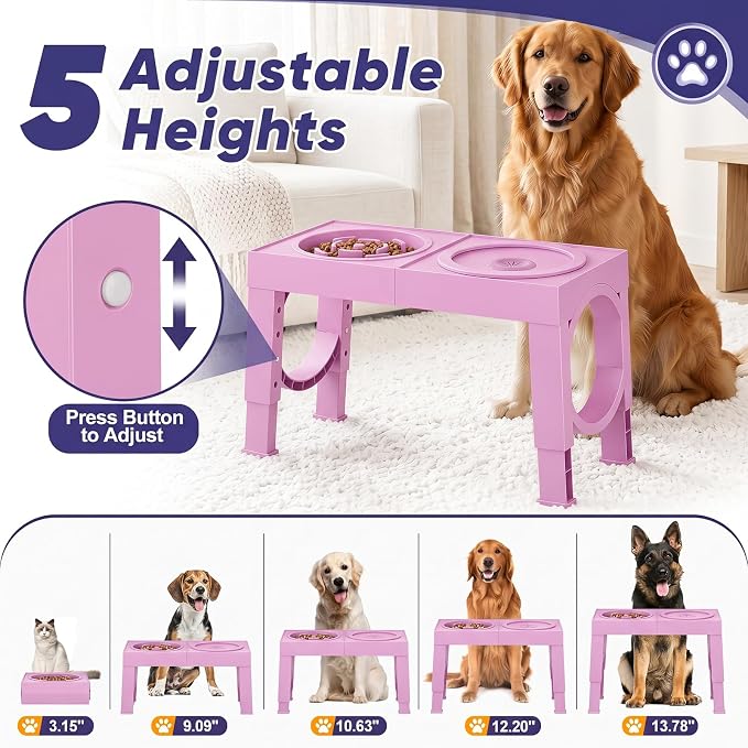 XIAZ Elevated Dog Bowls Large Breed Raised Dogs Bowl Stand Large/Medium Sized Dog Slow Feeder Dogs Bowls Food Water Stands 5 Heights Adjustable 9/11/12/14in Pet Feeder Dish Station