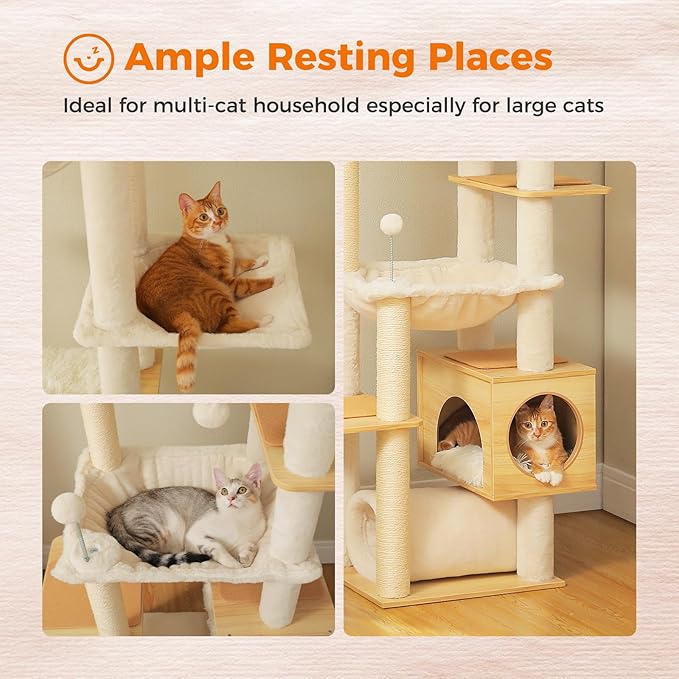 PEQULTI Floor to Ceiling Cat Tree, 93-101'' Adjustable Wooden Tower, Beige | Tri-column tower with ceiling posts & wall straps; 7 levels, condo, large hammock, 6 sisal posts & perches for adult cats