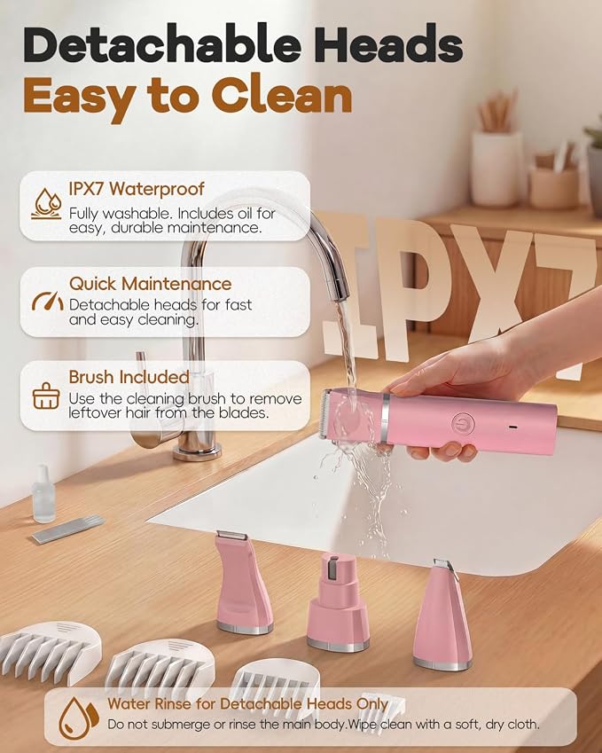 Veeconn 4 in 1 Dog Clippers Grooming Kit with Paw Hair Trimmer for Cat Pet | Low Noise, 7500RPM Powerful, IPX7 Waterproof, Safe & Easy for Beginners, 4 Guide Combs, Cordless Dog Nail Grinder (Pink)