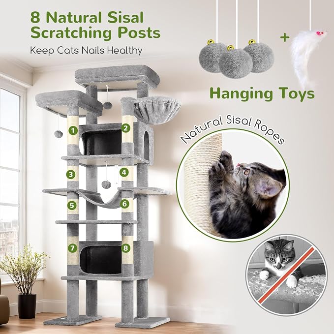 Globlazer Giant Tall Heavy Duty Cat Tower for Indoor Large Cats, F83B | XXL Multi-Level Large Cat Condo with 8 Scratching Posts, Hammock, 2 Cat Caves, 2 Platform, Light Grey