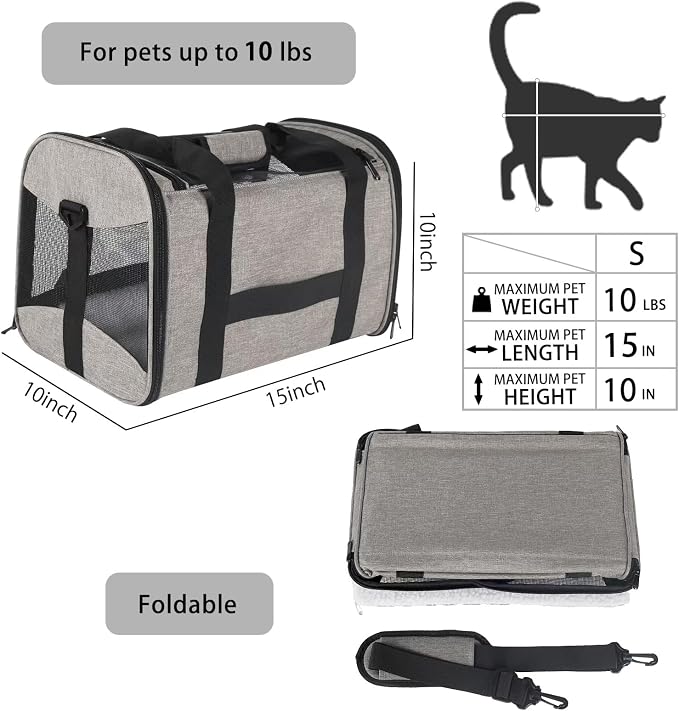 Small Animals Cat Carrying Case Pet Carrier Airline Approved, Protable and Breathable Pet Travel Carrier Removable Fleece Pad Collapsible Cat Carrier Dog Carrier Small Cats Dogs(15 * 10 * 10)