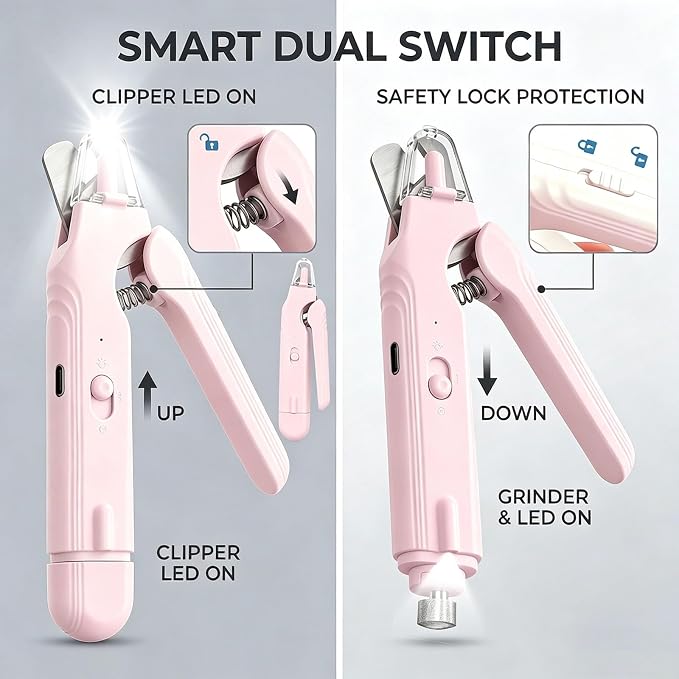 2-in-1 Dog Nail Grinder & Dog Nail Clipper for Sensitive Pets | Whisper-Quiet Claw Trimmer, with 2 LED Light & Safety Lock, Nail Clipping Collector Box, Painless Paws Grooming & Smoothing