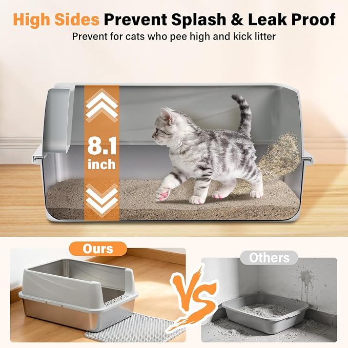 Stainless Steel Litter Box with High Sides, Small Metal Litter Box for Kittens & Medium Cats, Low Entry Kitten Litter Boxes with Scoop and Mat, Non-Sticky, Anti-Urine Leakage, Easy Cleaning