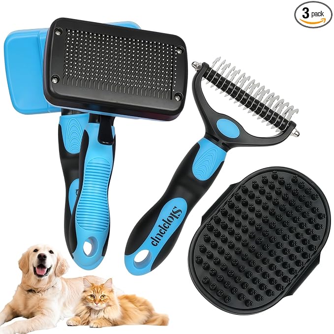 Blue Pet Grooming Kit 3Pcs Dematting Comb for Dogs&Cats Shedding | Self-Cleaning Slicker Brush,Double-Sided Fine&Wide Teeth Undercoat Rake for Dogs,Deshedding Dog Brush,Dog Bath Massage Brush