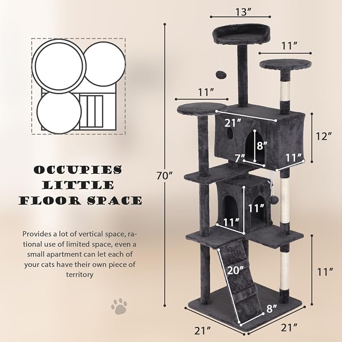 Heavy Duty Cat Tree Tower, 70" Tall Cat Tower for Indoor Cats with Cat Scratching Post with Bed, Cat Condo, Hanging Ball, Multi-Level Cat Climbing Tower Cat Trees Furniture Activity Center, Light Grey