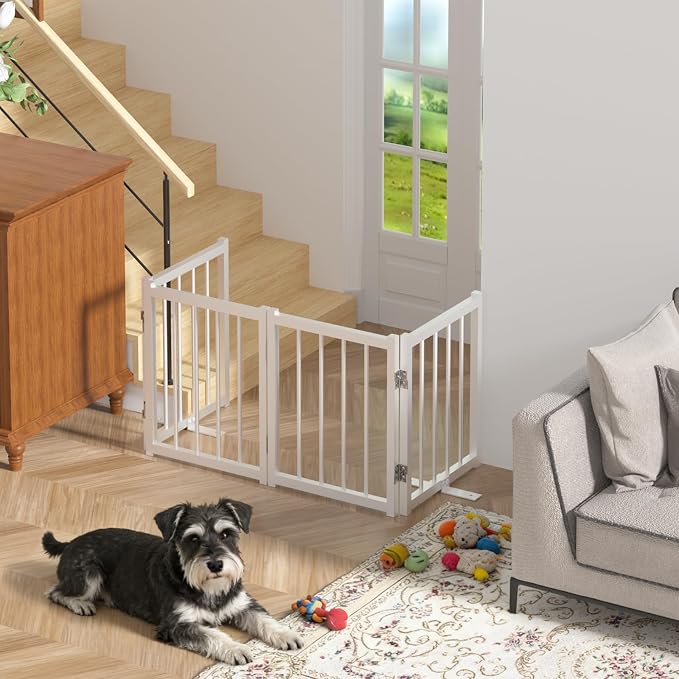 Snuowu 16" Freestanding Short Dog Gate for Small Dogs – Foldable & Retractable, Expands Up to 48" Wide, 4-Panel Pet Barrier for Doorways, Stairs & Hallways (White)