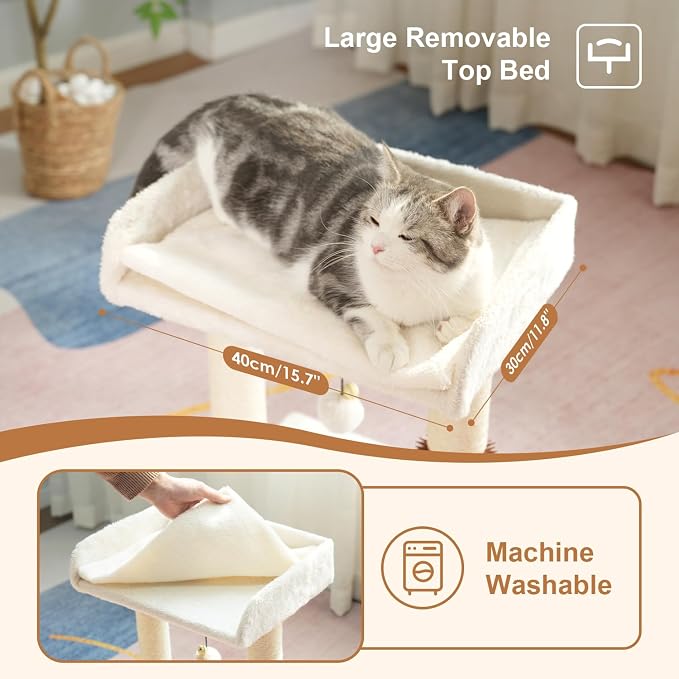 Cat Scratching Post Small Cat Tree with Cat Self Groomer, 15.7x13.7” Wide Top Bed, Natural Scratch Post and Danging Ball Great for Kittens and Average Indoor Cats-Medium Beige