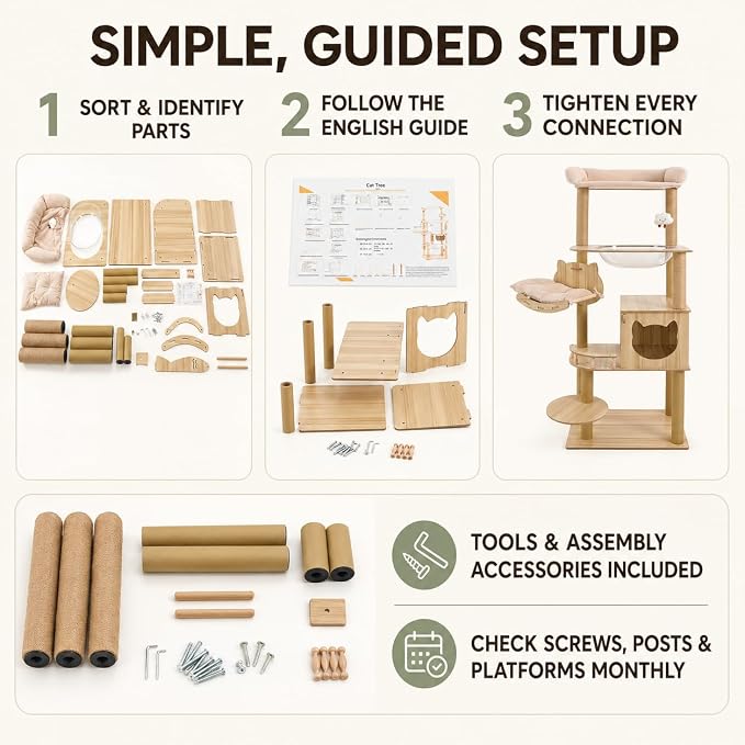 Multi-Level Cat Tree for Indoor Cats, Wooden Cat Tower with Cat House, Scratching Posts, Hammock and Platforms, Natural Wood Cat Furniture
