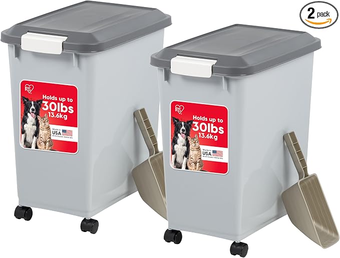 IRIS USA Dog Food Storage Container, 2-Pack, Up to 30 lbs, Gray/Dark Gray | Made in the USA, Comes w/ Wheels & 2-Cup Scoop, Airtight Seal, BPA-Free, Bird Seed, Cat food, Cat Litter, Multi-Pet Household
