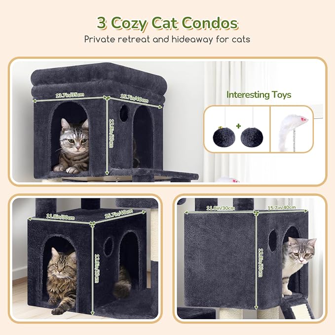 Globlazer Heavy Duty Cat Tree for Indoor Cats Large Adult, F52B, Dark Grey | 3 Condos, Extra-Large Baseboard, Removable Top Perch, 4 Sisal Posts & Board, Hanging Basket, Anti-Topple Strap, Easy Setup