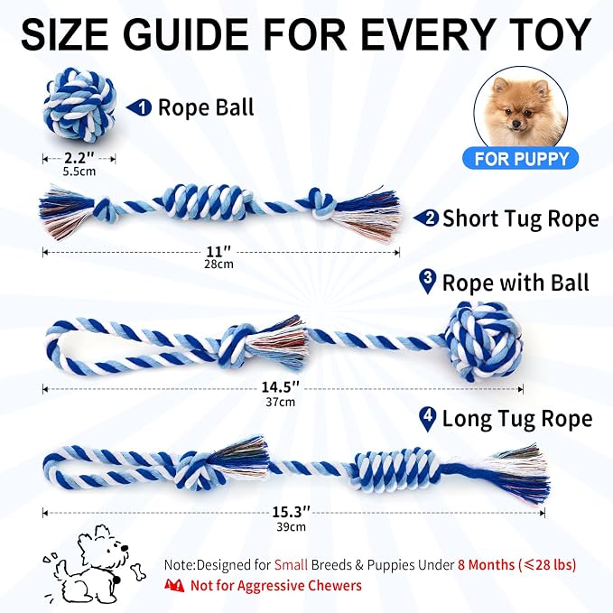 Dog Rope Toys 4 Pack for Small Dogs & Puppies - Cotton Knot Teething Chew Dog Toy, Interactive Tug of War Set for Boredom Relief, Teeth Cleaning, Indoor/Outdoor Play - Blue