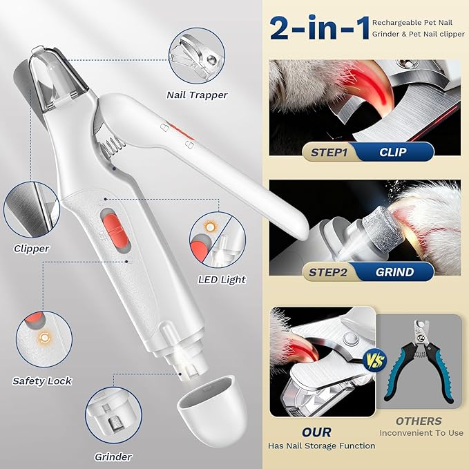 2-in-1 Dog & Cat Nail Clippers and Grinder with Catcher & 2 LED Lights | Stainless Steel Blade, Safety Guard, Type-C Rechargeable Low-Noise Grinder for Small, Medium & Large Pets