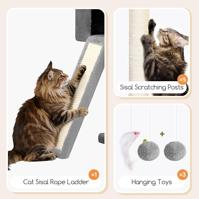 Globlazer Tall Cat Tower Extra Large Cat Tree House, S77D, Light Grey | 77 inch Cat Climbing Tower for Indoor Cats Large Adults with 5 Scratching Posts, 2 Cat Condos, 2 Platforms