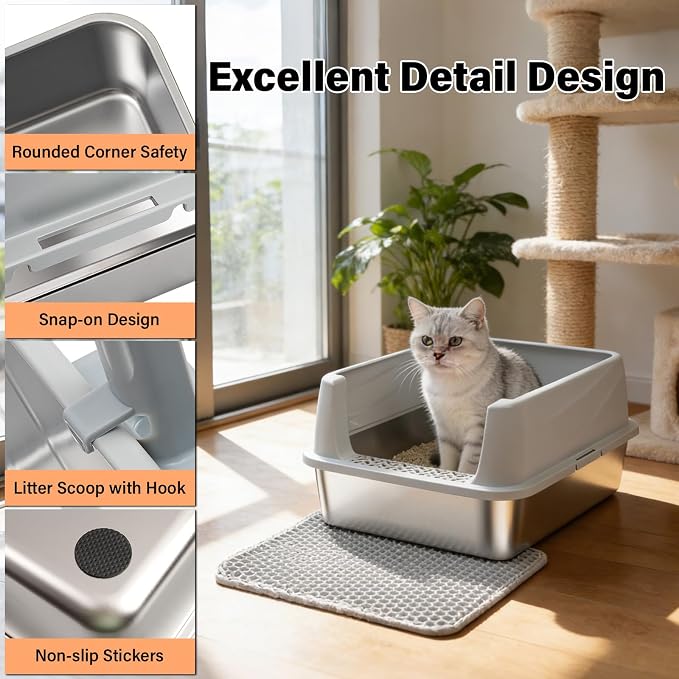 Stainless Steel Litter Box with Lid,Low Entry Cat Litter Box | Metal Kitty Litter Box for Small to Medium Cats,Non-Stick,Anti-Leakage,Easy to Clean,Include Scoop and Mat
