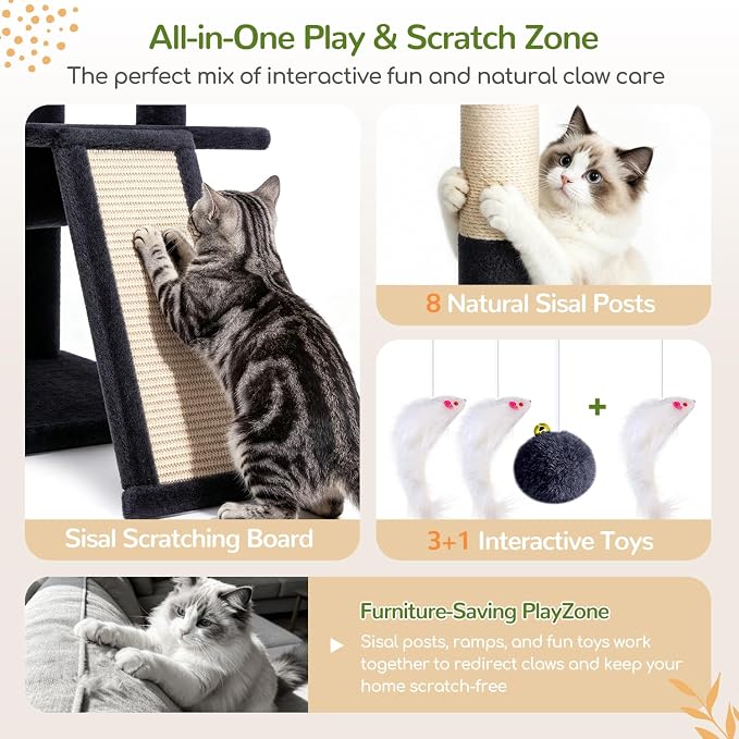 Globlazer 73in Corner Stable Cat Tree for Indoor Cats, C73, Dark Grey | Space-Saving Multi-Level Climbing Tower, Large Fan-Shaped Condos & Top Perch, 8 Full-Sisal Posts & Board, Metal Baskets