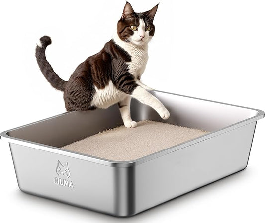 Qiuma Stainless Steel Metal Litter Box, Extra Large Cat Litter Box with High Sides, Odor-Free, Non-Stick, Easy to Clean, 23.4"×15.6"×7.8", Ideal for Large Cats & Multi-Cat Households, Litter Tray