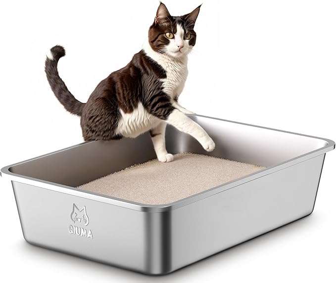 Qiuma Stainless Steel Metal Litter Box, Extra Large Cat Litter Box with High Sides, Odor-Free, Non-Stick, Easy to Clean, 23.4"×15.6"×5.9", Ideal for Large Cats & Multi-Cat Households, Litter Tray