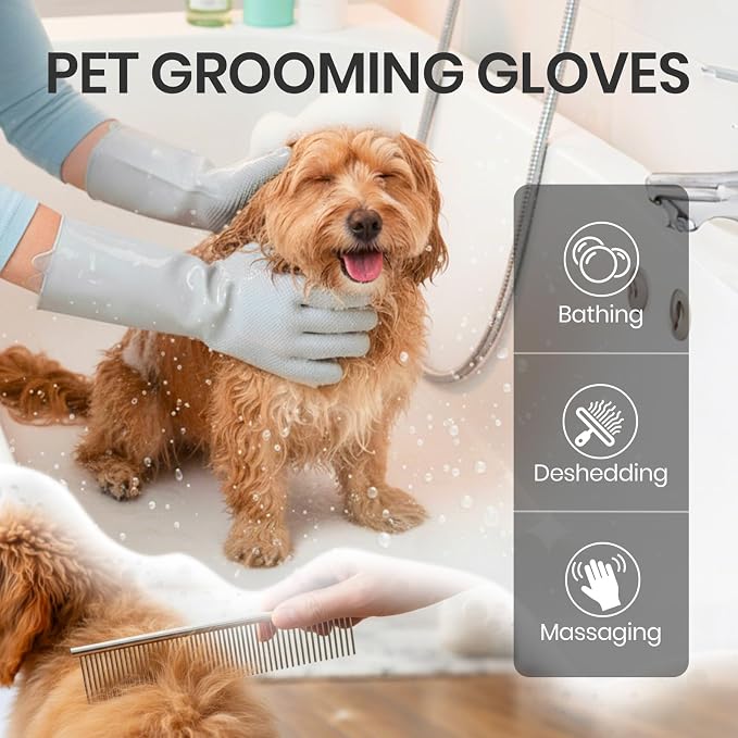 DELOMO Silicone Pet Grooming Gloves Dog Washing Gloves with Comb, Grey | 3000 Soft Silicone Bristles with Comb, 5-Finger Flexible, Massages & Removes Fur, Non-Slip, Easy Clean, for Dogs/Cats/Horses